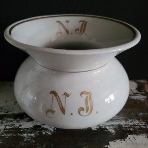 Antique White and Gold Porcelain Spittoon Monogrammed "N.J.", Antique Tobacciana